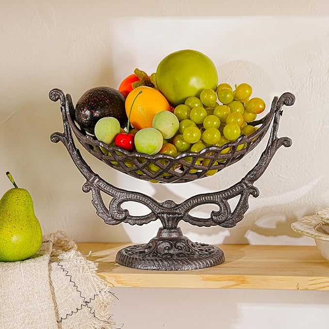 Sungmor Vintage Cast Iron Fruit Basket Bowl – Rustic Decorative Countertop Fruit Holder, Heavy-Duty Metal Kitchen Organizer, Antique Farmhouse Table Centerpiece, Black