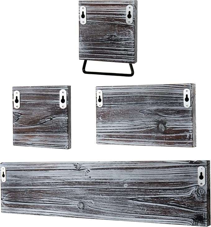 MyGift 4 Piece Wall Mounted Bathroom Hardware Set, Rustic Torched Wood and Industrial Matte Black Metal Pipe Towel Ring, Robe Hook, Toilet Paper Holder and Towel Bar
