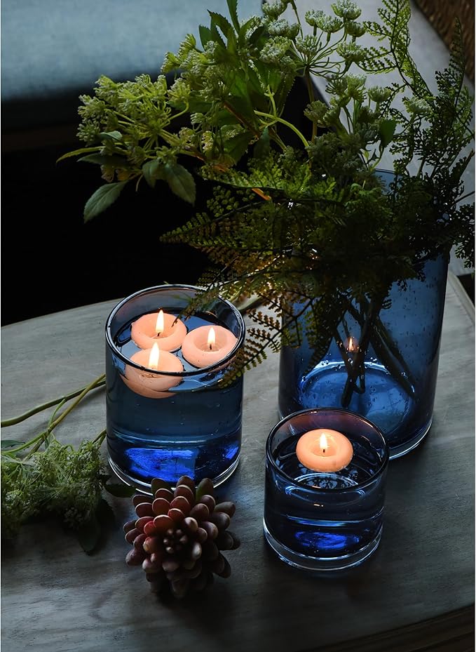 ARIAMOTION Blue Candle Holder for Pillar Tealights Modern Bubbles Glass Hurricane Cylinder Vases Table centerpieces Kitchen Island Dining Room Coffee Bar 8" 5" 3.5" Height Set 3