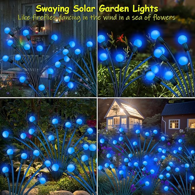 Kohlrabi Solar Garden Lights Outdoor, 6 Pack 60 LED Blue Firefly Lights Waterproof, Sway by Wind, Solar Wind Swaying Light for Yard Patio Backyard Garden Planter Flower Bed Pathway Decoration