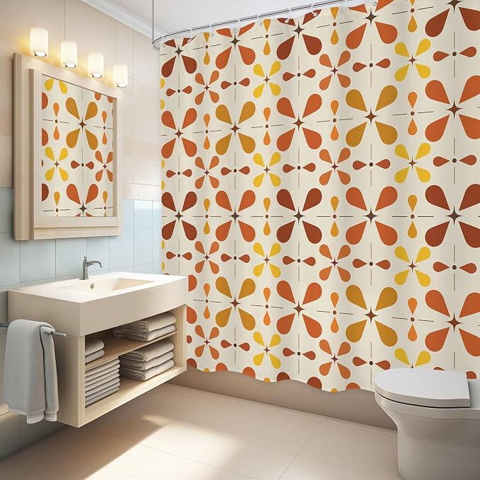Boho Mid Century Orange Shower Curtain Bathroom Set 71Wx71H Inches Modern Red Abstract Water Drop Bohemian Vintage Colourful Geometry Bath Accessories Retro Art Home Decor Fabric 12 Pack Hooks