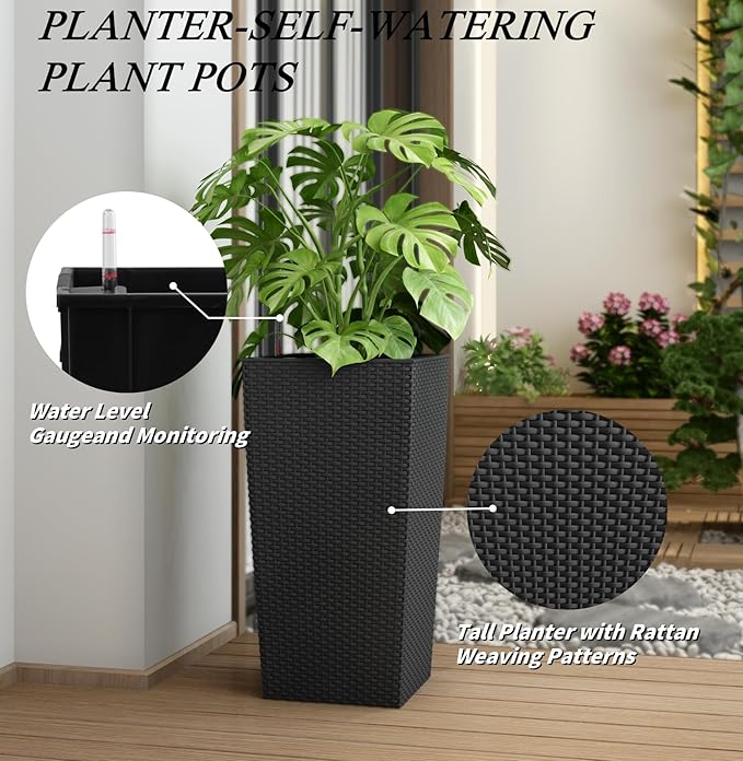 23in Tall Planter Set of 2, Large Self Watering Pots for Indoor/Outdoor Plants with Drain Holes, Water Level Monitor, Inner Bucket for Front Porch Patio, Black Rattan