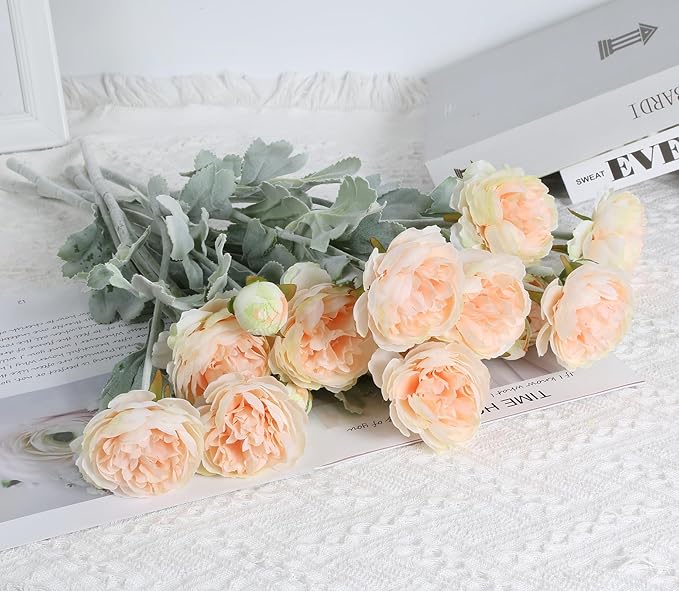 IPOPU Champagne Fake Peonies Artificial Ranunculus Flowers 6pcs 18Heads Champagne Silk Flowers 20.47" Artificial Flowers Bulk for Faux Floral Arrangements Home Table Decor