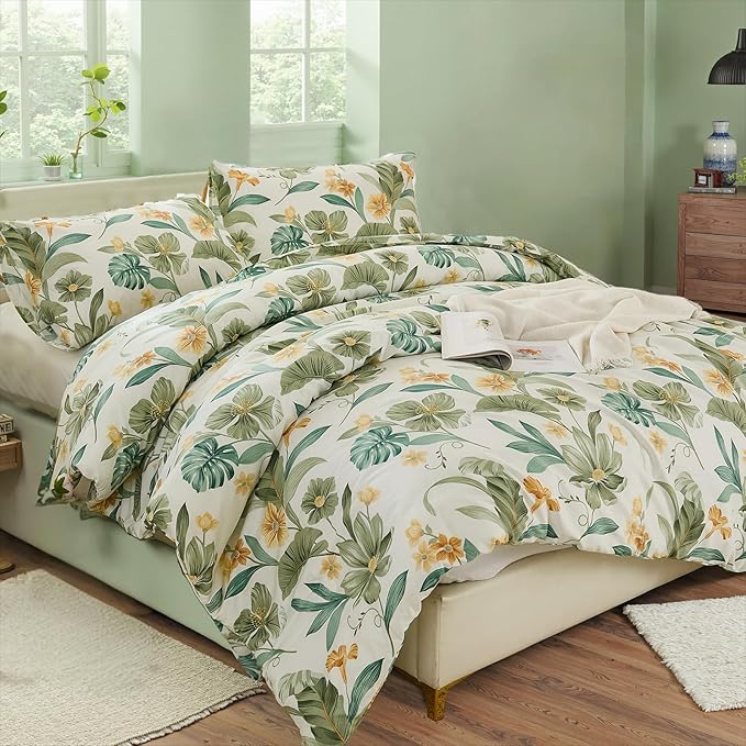 Bedding_Dreamer Green Floral Comforter Set Queen 100% Cotton Comforter Garden Style Bedding Flower Leaf Botanical Bed Chic Boho Home Decor