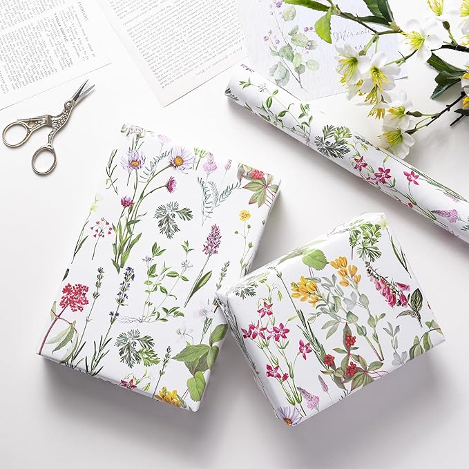 RUSPEPA Floral Wrapping Paper Roll for Women Girls, Mini Roll, Elegant Wild Flower Design Gift Wrap Paper Perfect for Birthdays, Bridal Shower, Spring, Wedding, Mother's Day, 17 Inch x 9.8 Feet