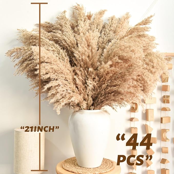 44pcs Pampas Grass Decor-Natural Dried Pampas Grass,Fluffy Brown Pompas Grass,Short Fluffy Pampas Grass Bulk for Small Boho vases,Wedding Flower,Boho Home Decor,Living Room Table Decor(17inch)
