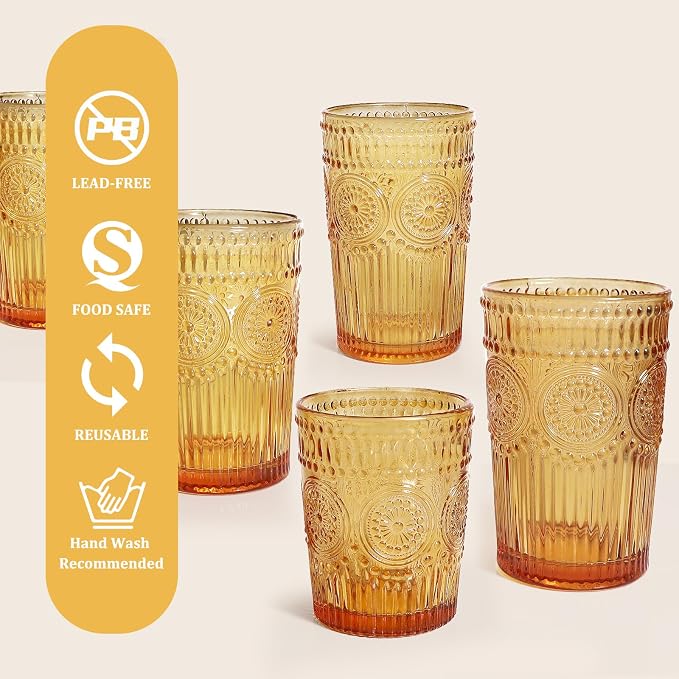 Loivttvv 12pcs Vintage Drinking Glasses Set, 12 oz Highball Glasses & 9 oz Embossed Ribbed Glassware Cups for Thanksgiving Cocktail, Juice, Coffee, Whiskey (Amber)