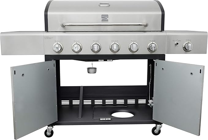 Kenmore 6-Burner Propane Gas BBQ Grill with Side Burner, 73,000 BTUs, Stainless Steel Cabinet Grill with Cast Iron Grates for Outdoor Cooking, Backyard BBQ, Patio, Large Parties