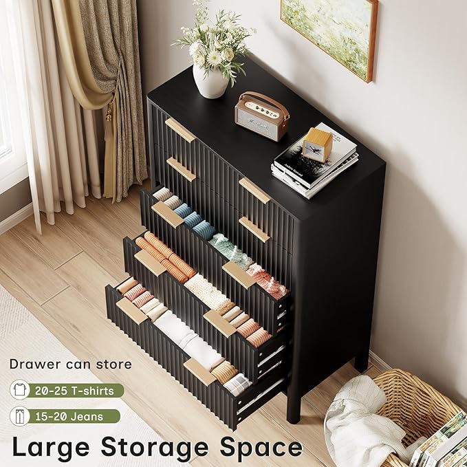 47" Tall Dressers for Bedroom Fluted 5 Drawer Dresser, Wooden Dresser Modern Chest of Drawers Dressers with Organizer Storage for Bedroom, Living Room, Entryway, Black