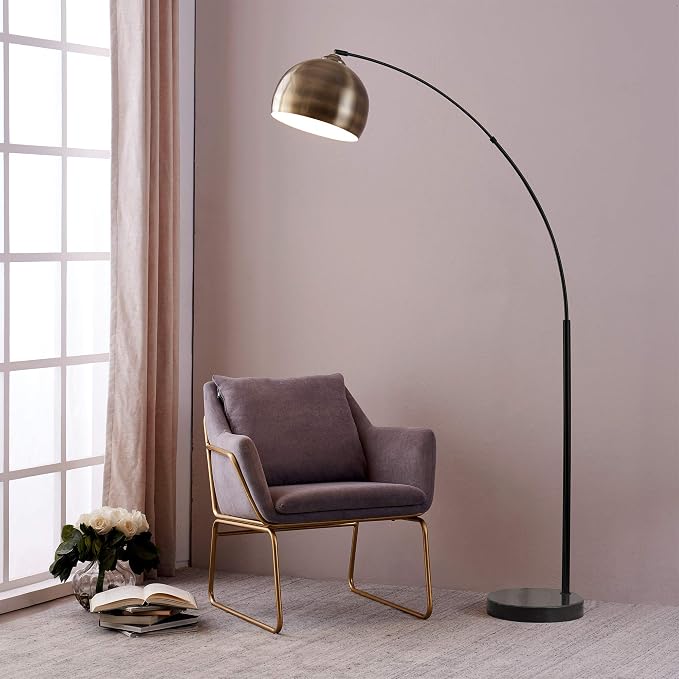Teamson Home Arquer 68.1" Arc Floor Lamp for Living Rooms, Home Offices, Dining Rooms, Bedrooms with Faux Black Marble Base and Antique Brass Bell Shade