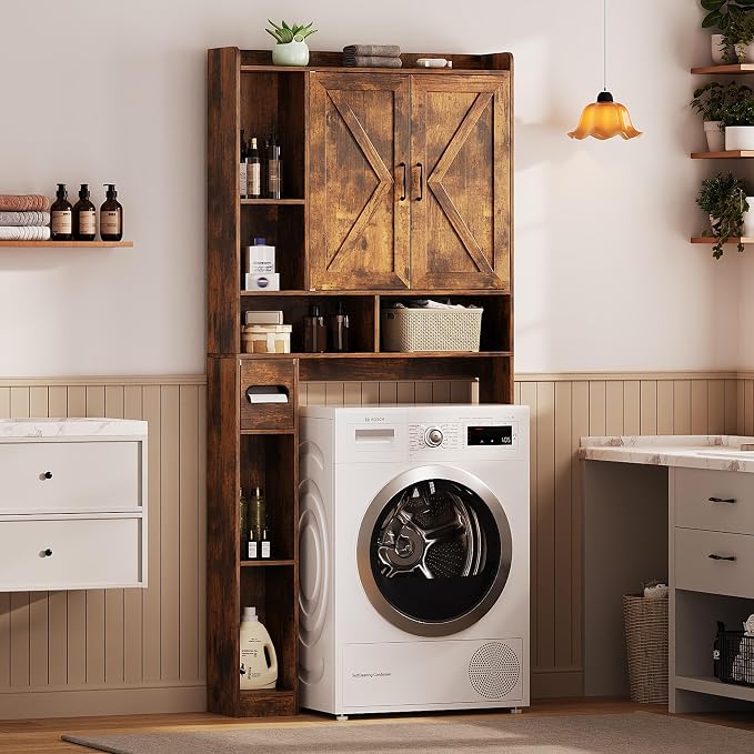 Over the Toilet Storage Cabinet, 31.1”W Bathroom Organizer with Double Doors, Above Toilet Rack, Detachable Toilet Paper Holder for Bathroom & Laundry Room Brown