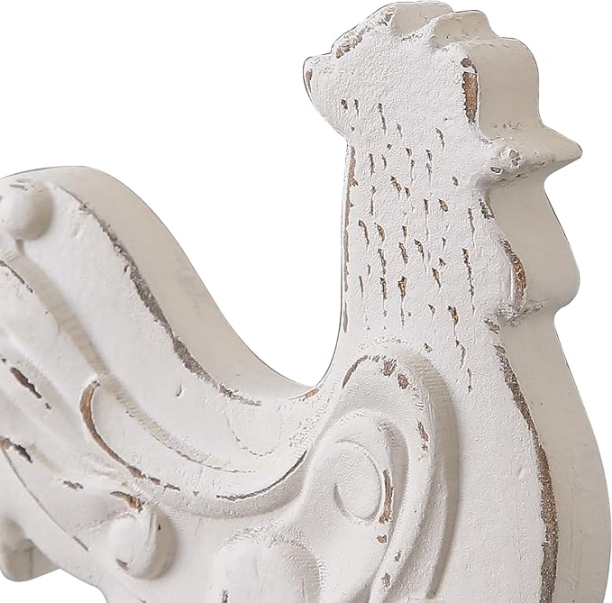 Rustic Small Chicken Statue Kitchen Decor 6 X 8 Inch, Handmade Distressed White Rooster Decor for Tabletop, Wooden Chicken Themed Gifts for Christmas Kitchen Mantel Dining Room Living Room