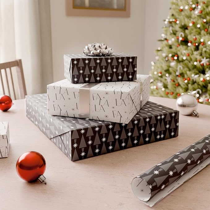 American Greetings Reversible Modern Black Christmas Wrapping Paper Roll, White, Silver, and Black Holiday Gift Wrap (60 sq. ft., 1 Standard Roll Wrap-30 in. x 24 ft.) Fa La La and Trees