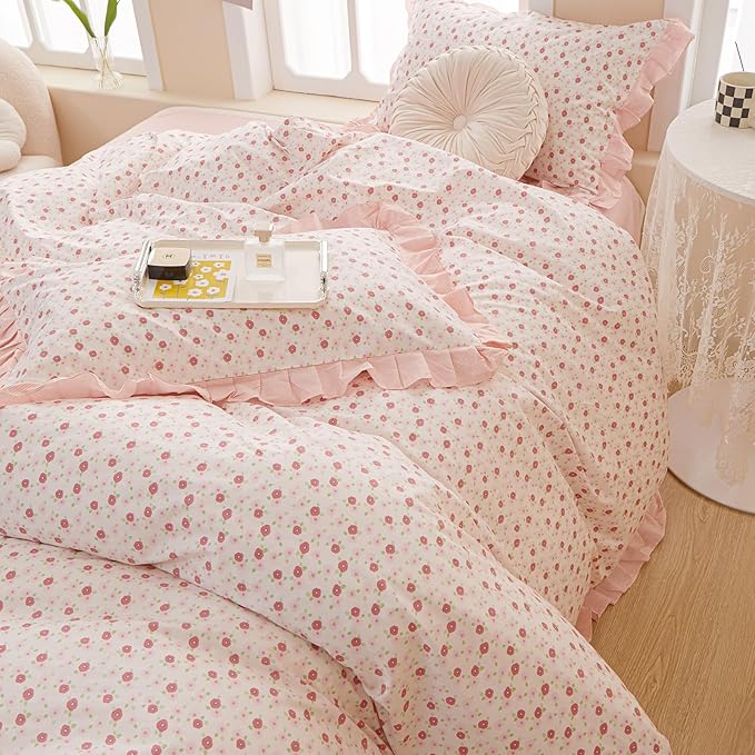 LifeTB Ruffle Duvet Cover Twin Cute Pink Red Flower Duvet Cover 100% Cotton Girls Floral Bedding Cover Reversible Pink Striped Ruffle Comforter Cover Romantic Princess Lace Bedding Set for Teen Girls