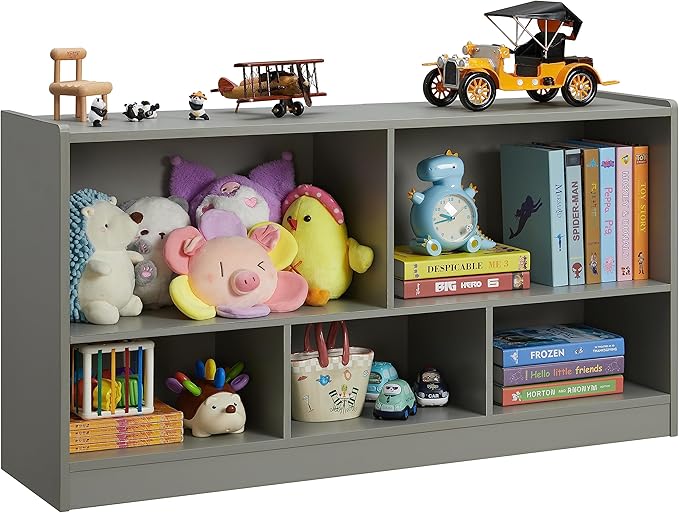 Kids Toy Storage Organizer, 5-Section Storage Cabinet for Organizing Books Toys, Wooden Bookshelf Daycare Furniture for School, Classroom Playroom, Nursery, Kindergarten (Gray)