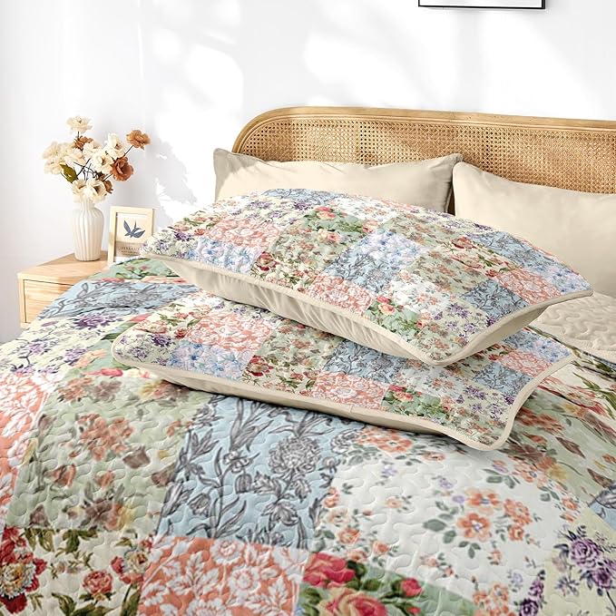 Quilt Set Full/Queen Size, Vintage Patchwork Floral 3 Pcs Soft Bed Cover Bedding Set, Boho Mid Century Lightweight Bedspread Coverlet with 2 Pillow Sham for All Season