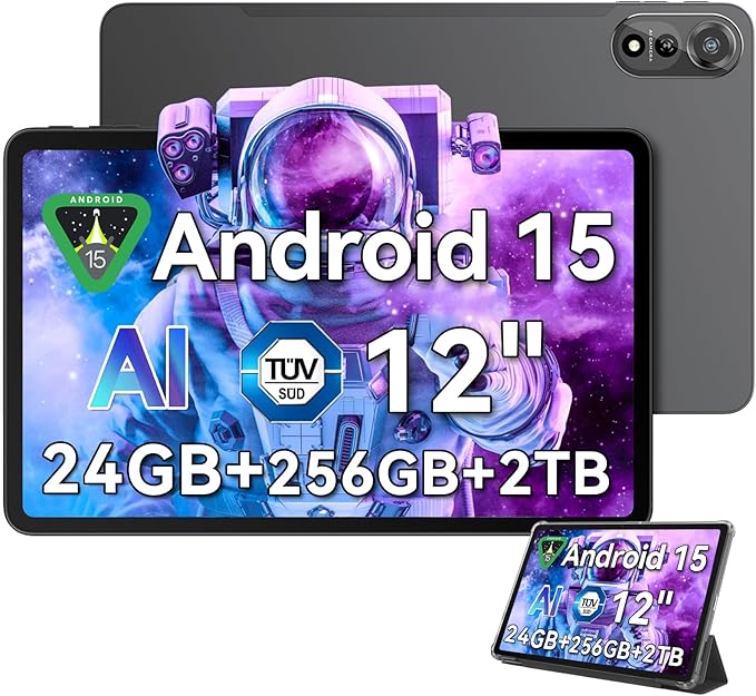 Blackview 12 inch Tablet Android 15,Large Screen Tablet with FHD+2K Display, 24GB RAM + 256GB ROM, 5G WiFi, 9000mAh, Pen &Case, Octa-core Unisoc T615, Widevine L1, Google GMS- MEGA 2