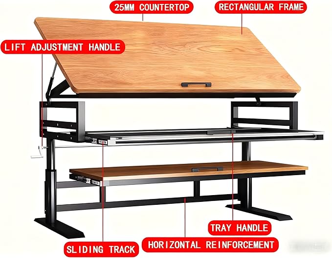 Studio Desk with Keyboard Tray | Hand-Crank Adjustable Standing Desk Workstation for Music Production, Cable Management, MIDI Keyboard Shelf (White, 55In)
