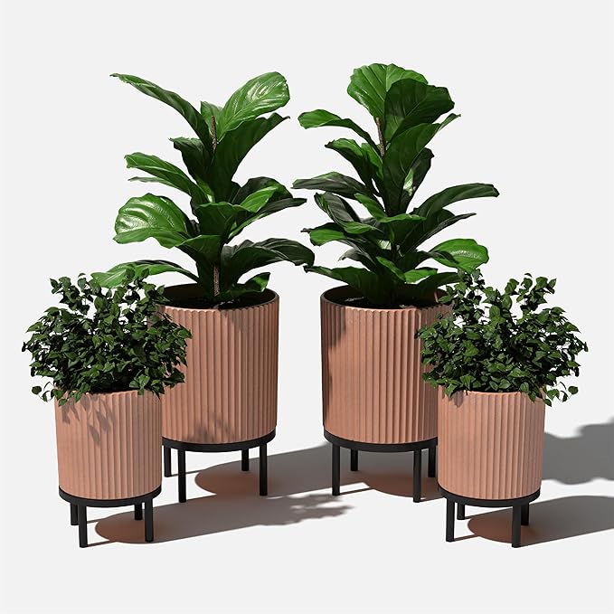 Veradek Demi Series Round Planter w/Stand for Porch/Patio | Durable Plastic-Stone Composite & Wooden Stand | Modern Décor for Tall Plants, Flowers