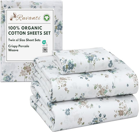 RUVANTI 100% Organic Cotton Sheets Twin XL, Percale Weave, GOTS Certified, 3-Piece Set, Deep Pocket 15", Crisp & Breathable, Soft Durable Bedding, Sábanas Algodón Orgánico – Halcyon