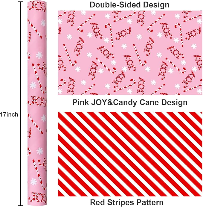 MAYPLUSS Christmas Gift Wrapping Paper Roll - 17 Inch X 33 Feet - Reversible Pink Candy Cane and Stripe Design for Winter Gift Wrap, DIY Craft, Christmas, Party, Holiday and Birthday