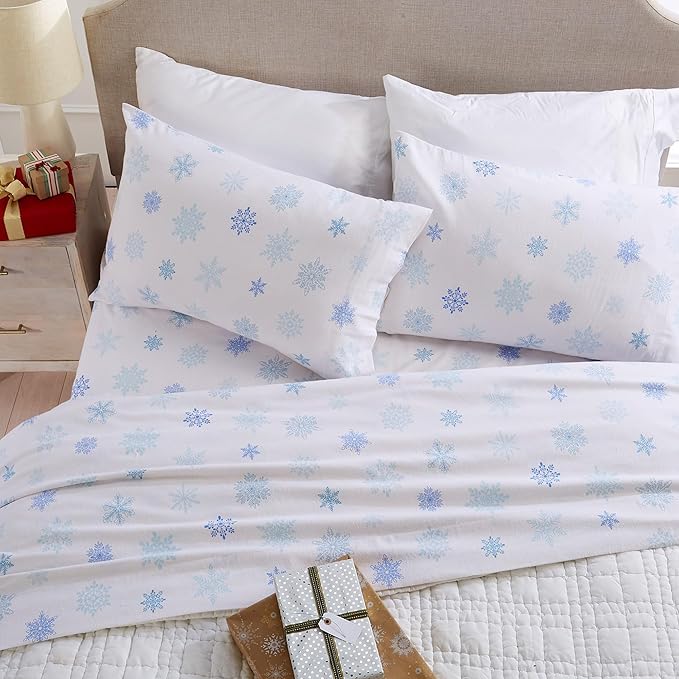 Market & Place 100% Turkish Cotton Flannel Sheet Set | 4 Piece Deep Pocket Novelty Cozy Winter Bed Sheets | Double Brushed for Extra Softness & Comfort | Alpine Collection (Full, Blue Snowflake)