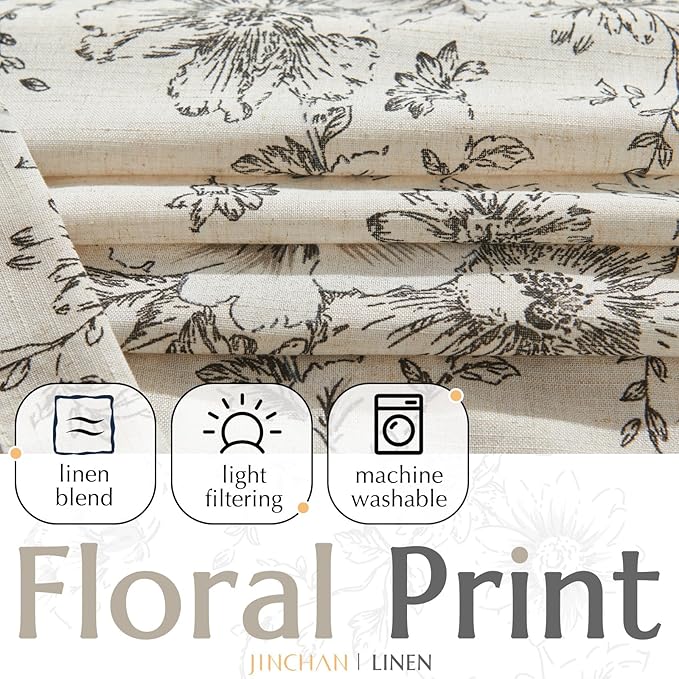 jinchan Lined Linen Blend Curtain Floral Curtains for Living Room 84 Inches Long Black Peony Flower Printed Curtain Back Tab Farmhouse Patterned Drapes Bedroom Window Curtains Set 2 Panels