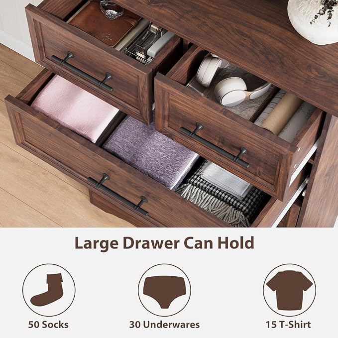 Walnut Dresser for Bedroom, Modern 6 Chest of Drawers, 44" Tall Dresser with Brushed Metal Handle, Wood Closet Organizers and Storage Cabinet for Bedroom, Living Room, Hallway