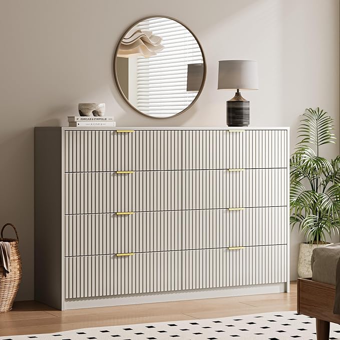 3-Piece Dresser Bedroom Set, 8 Drawer Dresser & 3 Drawer Nightstands with Gold Handles, Fluted Wood Chest of Drawers for Bedroom, Living Room, Entryway, Beige