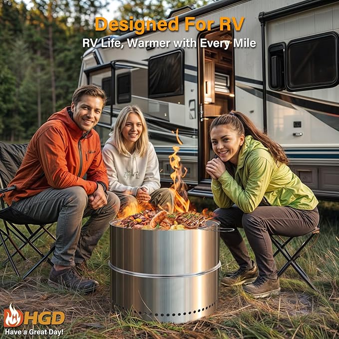 HGD 20 Inch Smokeless Firepit with Grill, Portable Wood Burning Fire Pit for Camping & Backyard, Stainless Steel Outdoor Fireplace with Travel Bag, Easy Setup & Compact Storage - Foldable Design