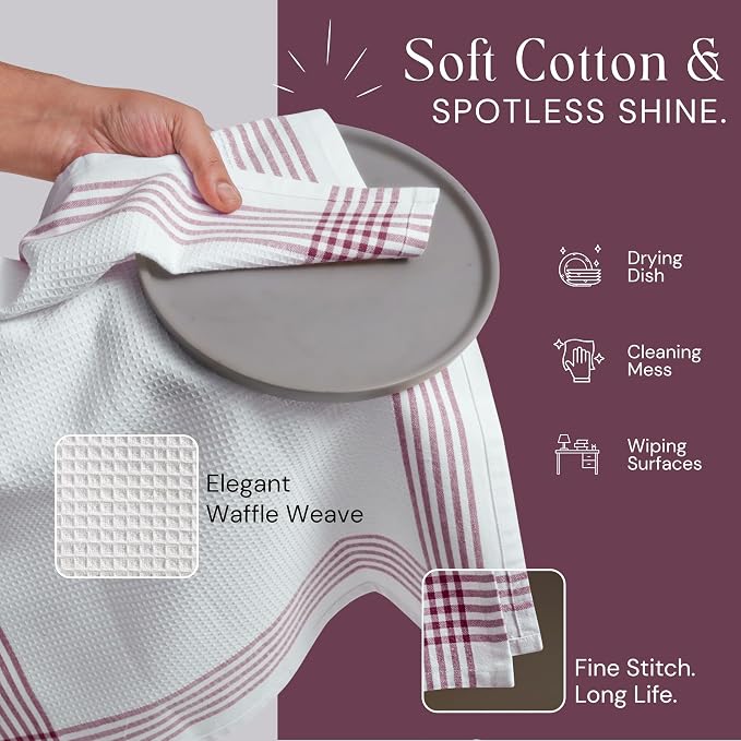 Waffle White & Burgundy Wine Dish Towels Set of 12, 100% Cotton, 16x26 inches, Reusable Cleaning Cloths for Drying Dishes, Quick Dry Kitchen Towel, Durable for Heavy-Duty Use