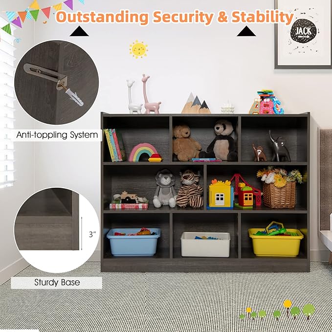 KOTEK Toy Storage Organizer, 8 Cubby Kids Bookshelf, Wooden 4-Tier Bookcase Storage Cabinet, Open Display Book Shelf for Daycare, Nursery, School Classroom, Playroom & Bedroom (Grey, 8 Cubes)