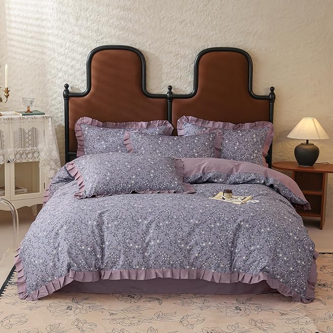 LifeTB Vintage Daisy Flower Duvet Cover Queen 100% Cotton Purple Ruffle Comforter Cover Floral Aesthetic Duvet Cover Romantic Princess Bedding Set Girls Lace Comforter Cover Queen with 2 Pillowcases