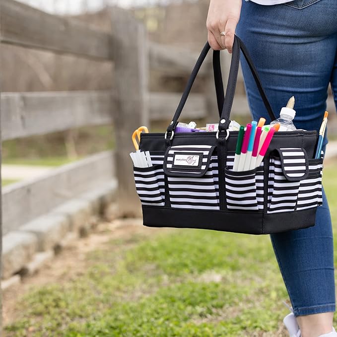 Everything Mary Deluxe Store & Tote Organizer – Black & White Stripe Craft Tote with Handle – Sewing, Scrapbooking & Art Supply Caddy for Creative Project Storage