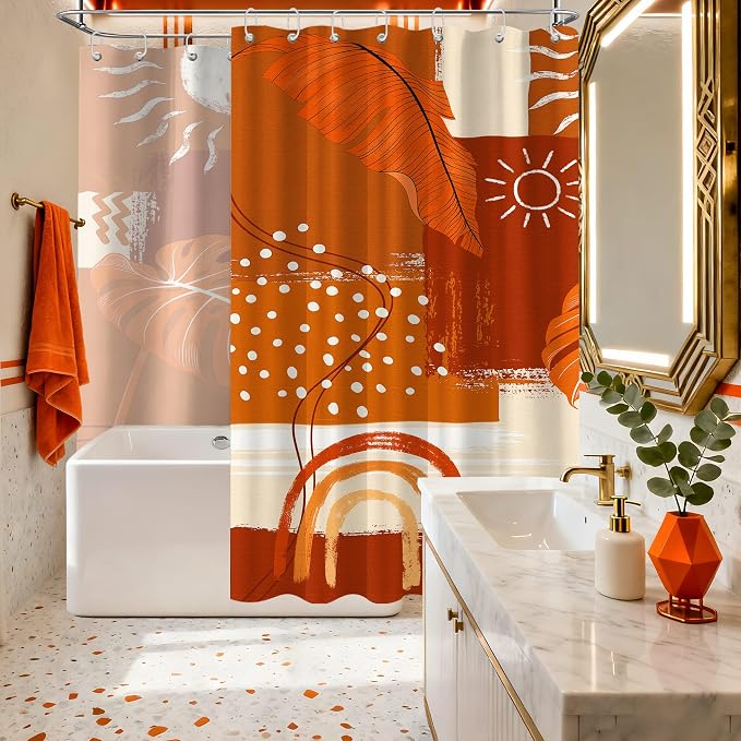 Extra Long Shower Curtain Extra Tall Burnt Orange XL Abstract Tropical Leaf Shower Curtains for Large Bathroom Decor Sets, Waterproof Cloth Fabric with Hooks, 108x72 Inch