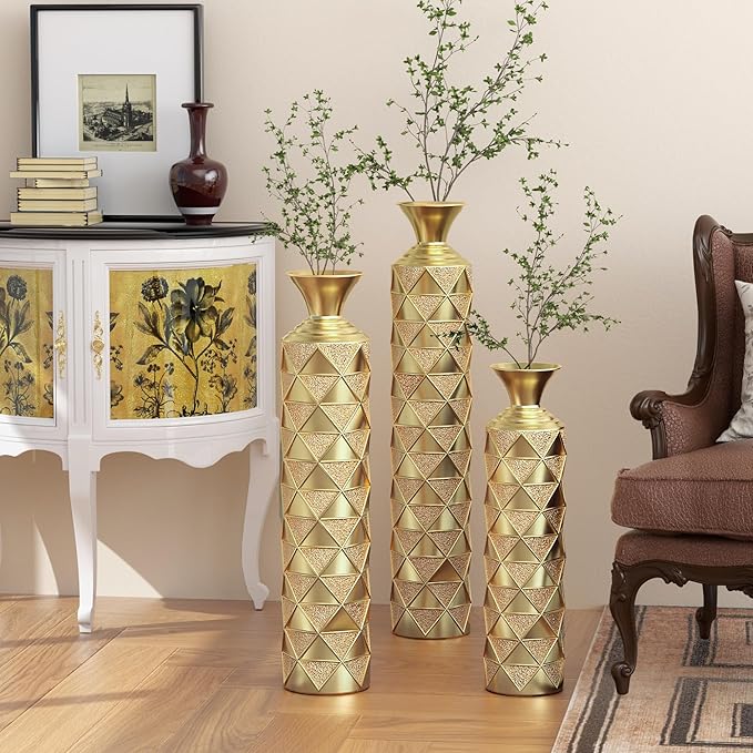 Metal Floor Vases Decorative, Set of 3 Flower Arrangement Stand, Metal Decorative Vase Tall Distressed Metallic Centerpiece Vases with 3D Triangle Pattern, 33.5", 29.5", 25.2" H (Antique Gold)