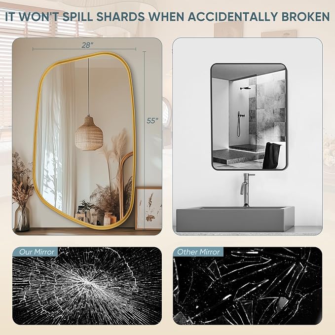 Irregular Wall Mirror 55"x28" Bathroom Mirrors Asymmetrical Artistic Decorative for Living Room Bedroom Bathroom Hallway Entryway,Trapezoid,Gold