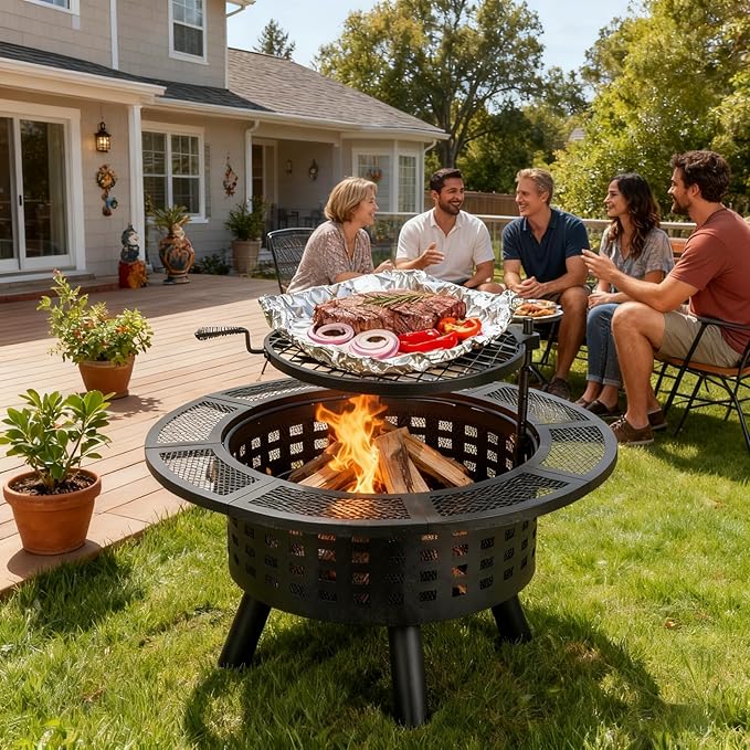 Verdeluxe 36 inch Outdoor Fire Pit with Grill,Wood Burning Firepits for Outside with Lid & Fire Poker,Metal 3-in-1 Fire Pit Table with Cooking Grate,Outdoor Fireplaces for Bonfire,Yard,BBQ（Jet Black）