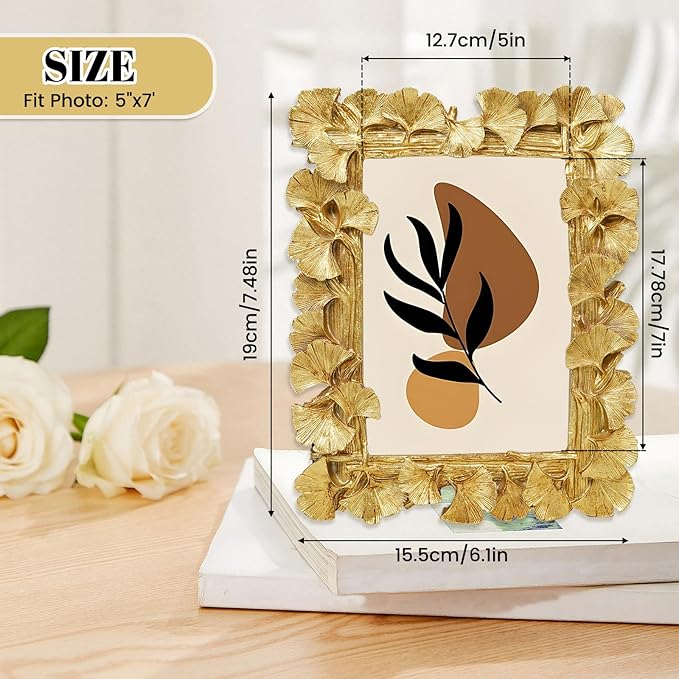 Gold Picture Frames, 4x6 Vintage Gold Frames, Ornate Ginkgo Leaf Textured Hand-Crafted Resin with Glass Front, Antique Photo Frame for Tabletop or Wall Hanging, Retro Design Home Decor