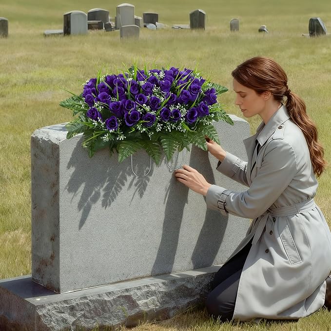 Artificial Cemetery Flowers Saddles, Artificial Memorial Rose Flowers, Outdoor Grave Saddle for Headstone Tombstone Decorations (Purple)