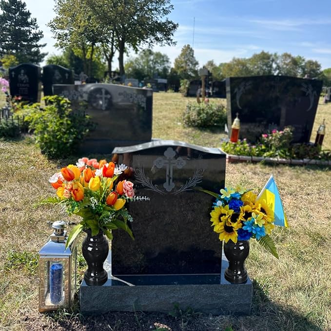 Cemetery Vase, Turned Granite Vase Polished, Black Memorial Stone Vases with Draining Holes for Home Tabletop, Cemetery Flowers, Grave Headstone Decorations (2Pcs, Black)