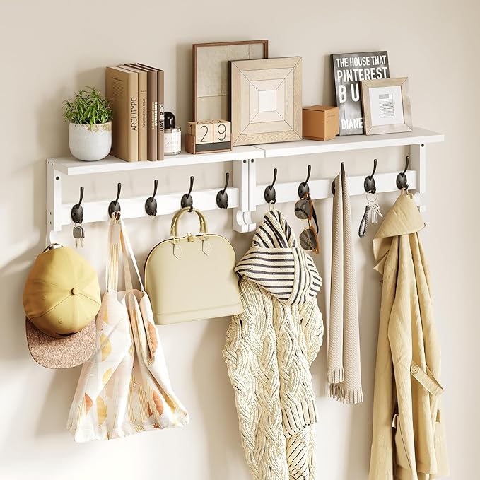AMBIRD Coat Rack Wall Mount with Shelf, Coat Hook Rack Wall Mounted, Hat Wall Hooks for Hanging in Entryway, Living Room, Bathroom, Bedroom (White)