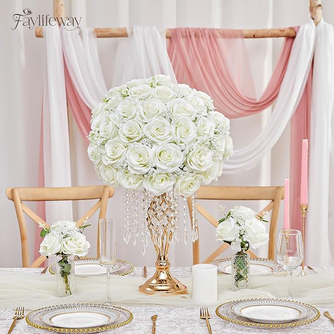 20PCS Artificial White Roses, 3.9'' Silk Flower Head Fake White Rose with Long Stems, Realistic Faux Roses Bouquet for DIY Wedding Home Party Office Decoration