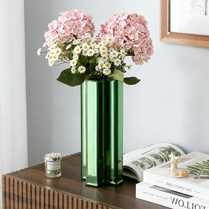 SHYFOY Green Mirrored Vase - 12 Inch Tall Cross-Shaped Decorative Glass Flower Vases for Home Decor, Living Room Table Kitchen Fireplace Decor - Can’t Hold Water