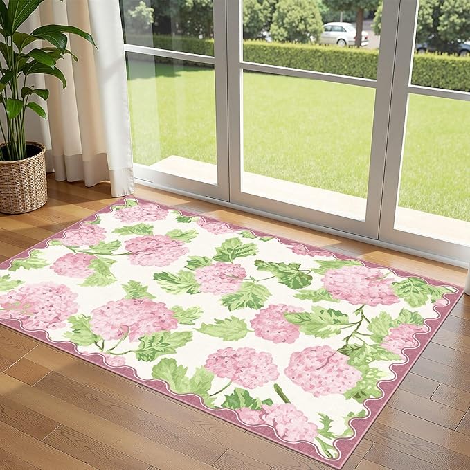 3x5 Entryway Rug - Small Washable Indoor Outdoor Mats for Front Door Non-Slip Porch Rug Boho Pink Floral Throw Rugs for Living Room Girls Bedroom Entryway Kitchen Office Front Porch Decor