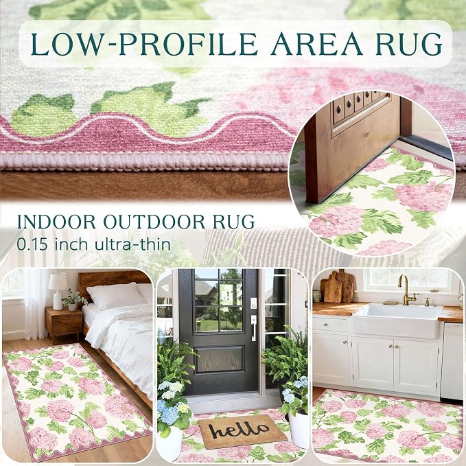 Summer Outdoor Rug - 28" x 43" Front Door Mat Indoor Outside Entrance Non-Slip Washable Outdoor Welcome Mats for Front Door Boho Pink Floral Rug for Entryway Kitchen Bedroom Front Porch Decor