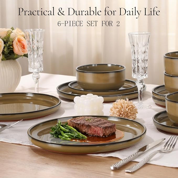 E-far Stoneware Dinnerware Sets for 2, 6 Pieces Reactive Glaze Plates and Bowls Sets, Elegant Dishes with Rustic Terracotta Base, Dishwasher & Microwave Safe, Scratch Resistant, Deep Camel