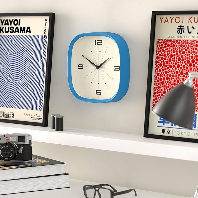 JONES CLOCKS® Pulsar wall Clock | Square Rounded Retro Clock | 10 inch | Blue | Cool Designer Look for Kitchen, Living Room or Office