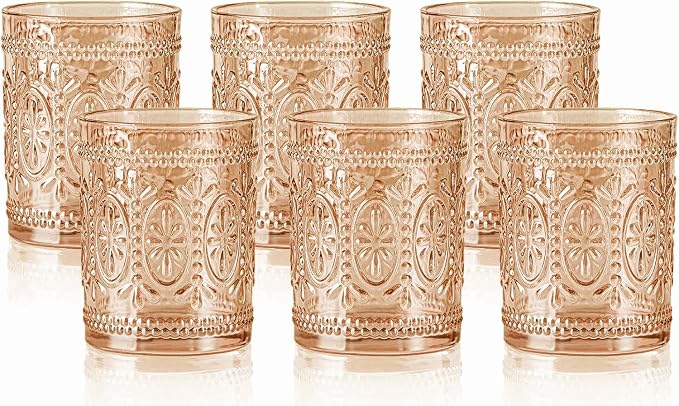 Darlion 6 Pack Amber Glassware Set, 10oz Vintage Drinking Glasses, Colored Water Glasses, Amber Embossed Glass Cups for Party Wedding Home Office Gift