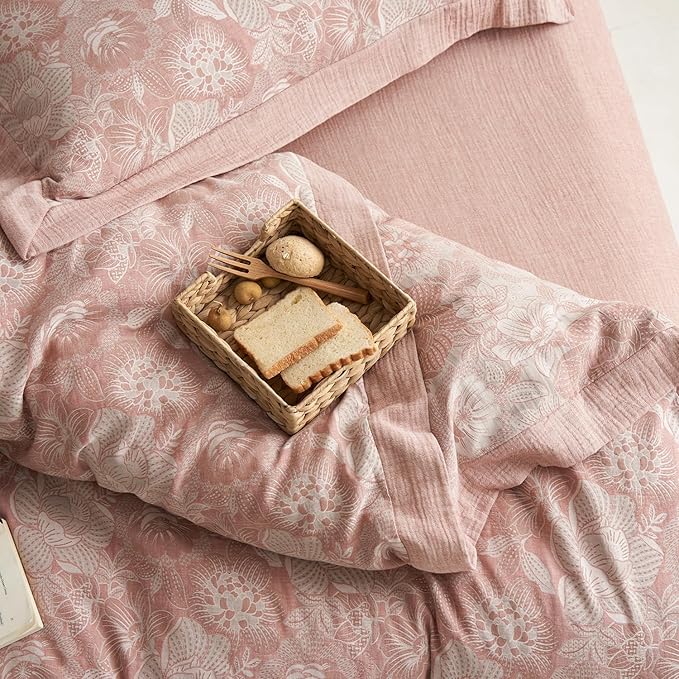 mixinni Duvet Cover King, Premium Cotton Double-Layer Yarn Pink Floral Jacquard Comforter Cover with Edge Design, Farmhouse Bedding Set with 2 Pillowcases Perfect for Him and Her-King Size